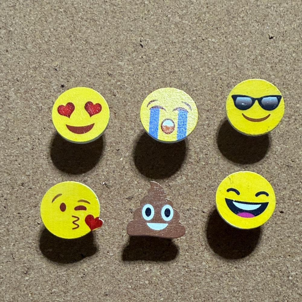Emoji Wooden Push Pin Set - Yellow Smiley Faces + Brown Poop